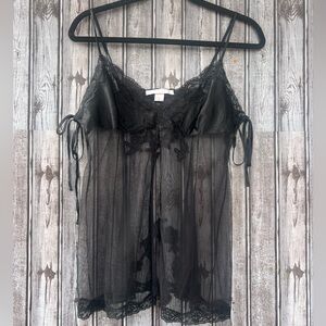 Vintage Y2K Victorias Secret Black Sheer‎ Nylon Silk Lace Baby Doll Chemise M